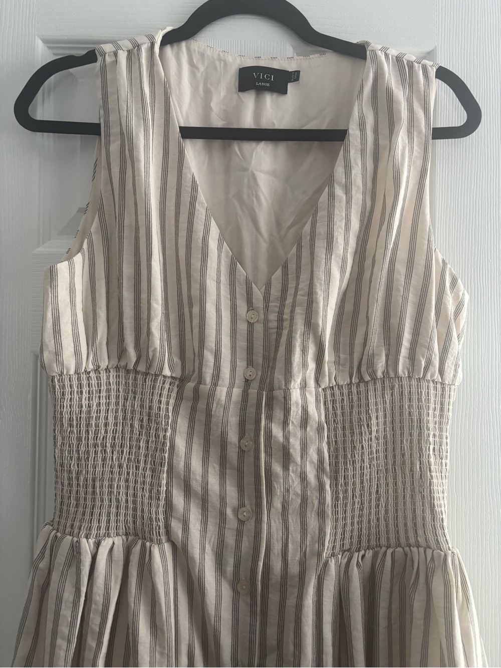 Vici Sleeveless Striped Button-Front Midi Dress in Beige and Cream